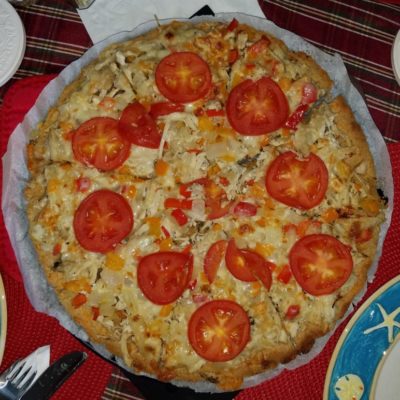 almond focaccia-pizza with tomato