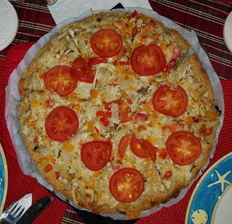 almond focaccia-pizza with tomato